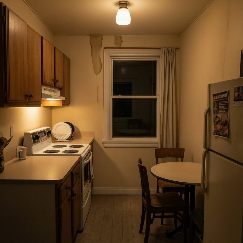 Dim warm lit compact vintage apartment kitchen at night, featuring wood cabinets, small dining no...