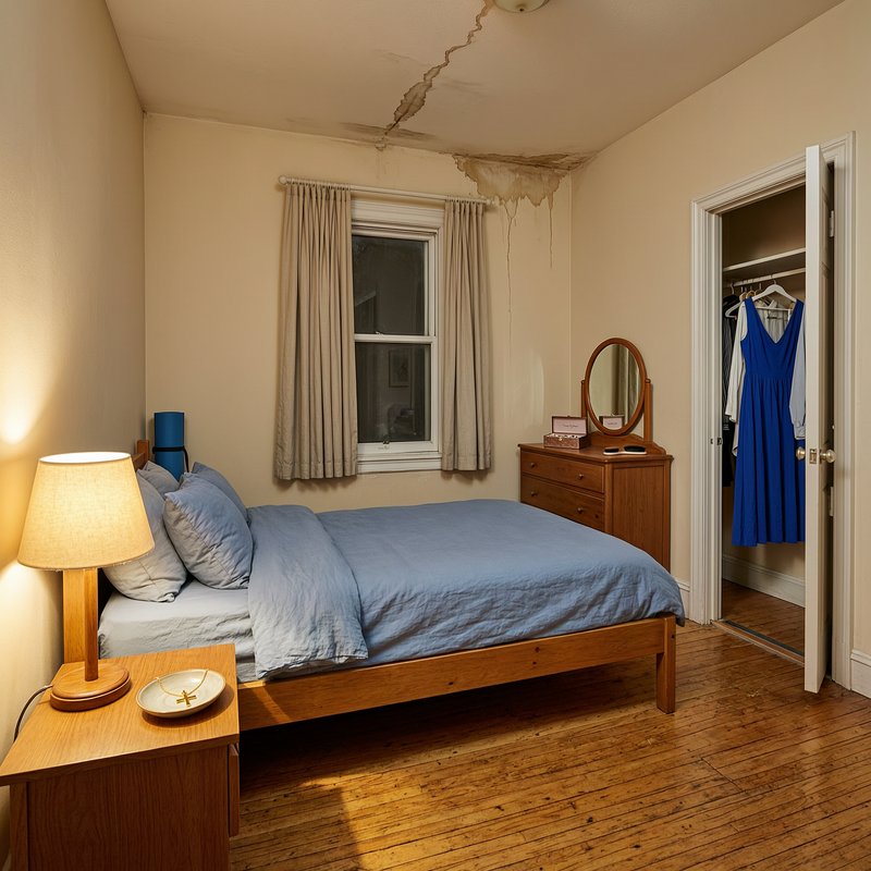Small cozy bedroom with wooden furniture, blue bed linens, and visible water leak damage on the c...