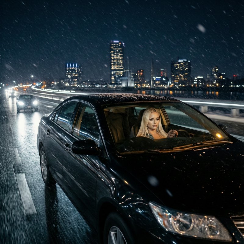 Blonde woman driving a glossy black sedan across a snowy city bridge at night, with falling snow ...