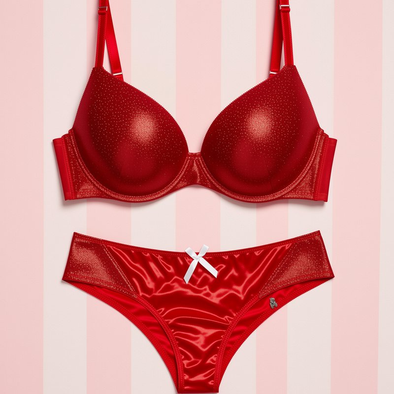Glittery red bra and matching satin panty lingerie set on pink striped background