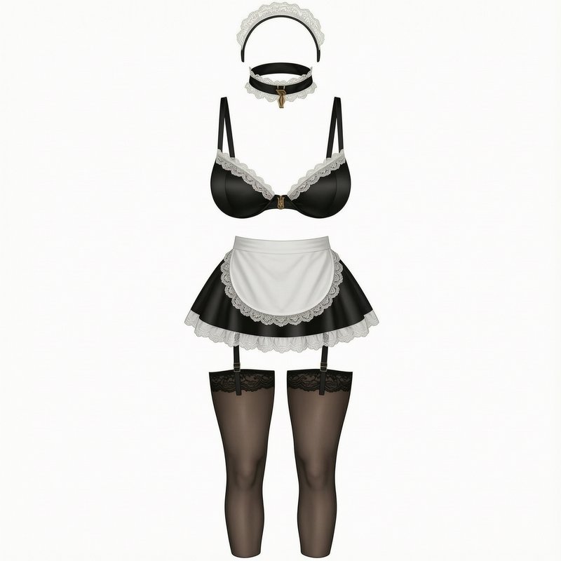 French maid lingerie costume set laid out flat against a plain white background