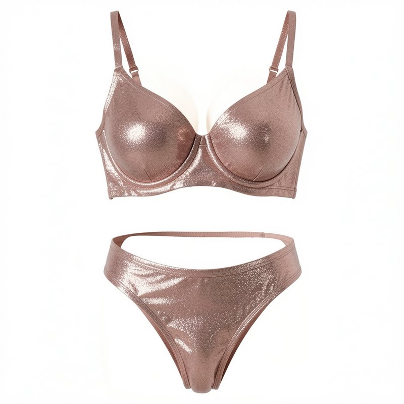 Shimmery metallic rose gold lingerie set with underwire bra and matching briefs on a plain white ...