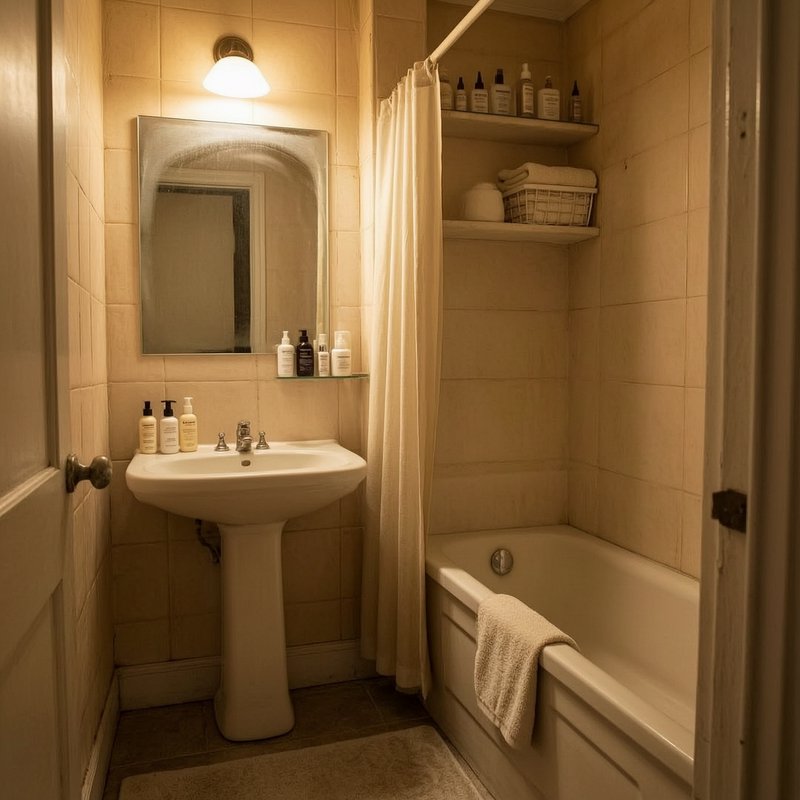 Warm softly lit vintage bathroom with pedestal sink, alcove tub, tiled walls, and organized toile...