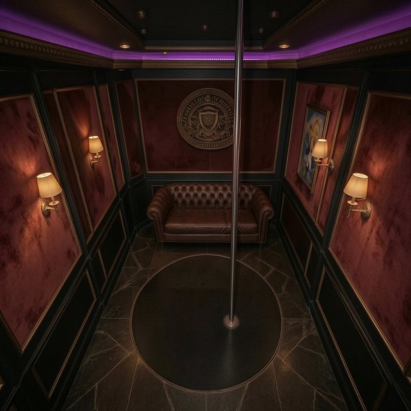 Ornate private VIP lounge with a central dance pole and tufted brown leather loveseat