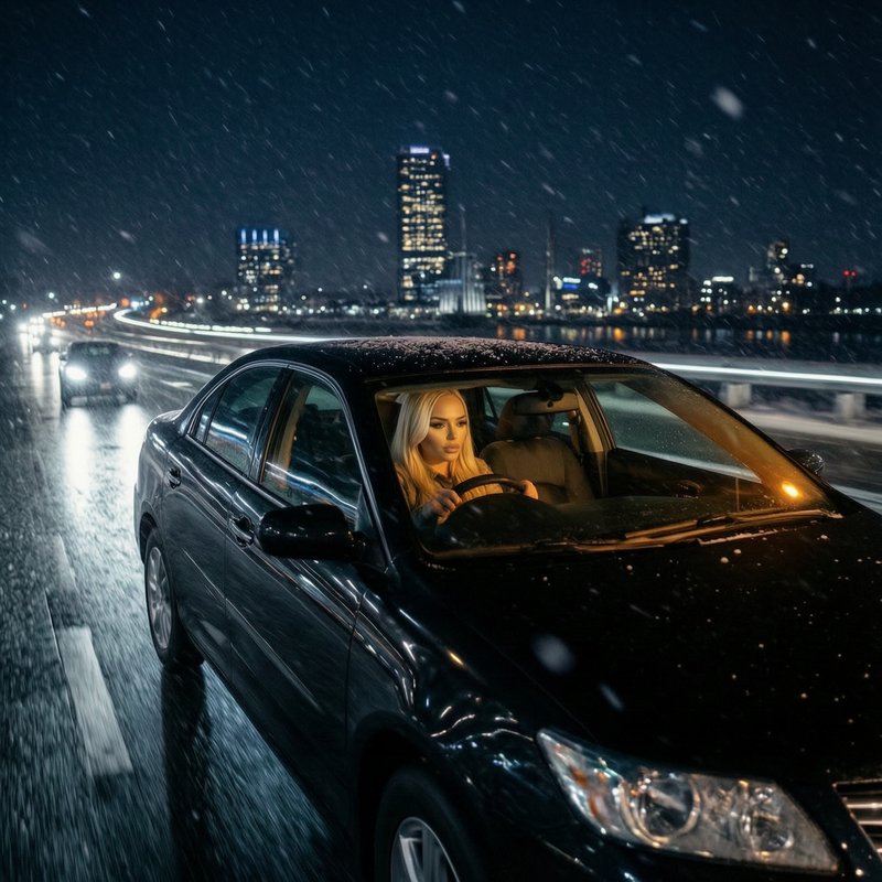 Blonde woman driving a black sedan across a city bridge during a snowy night