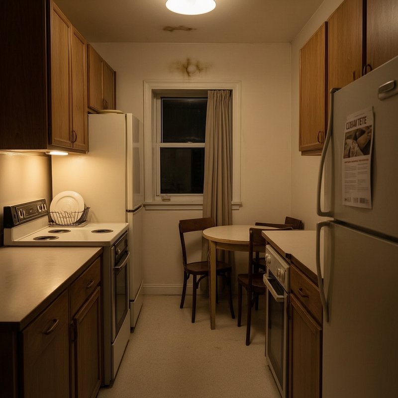 Dim warm lit vintage galley apartment kitchen with small dining nook at night