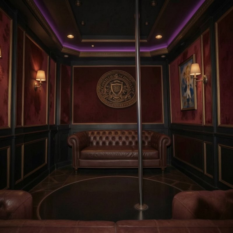 Upscale private VIP lounge with a dance pole, tufted leather chesterfield sofa and burgundy velve...
