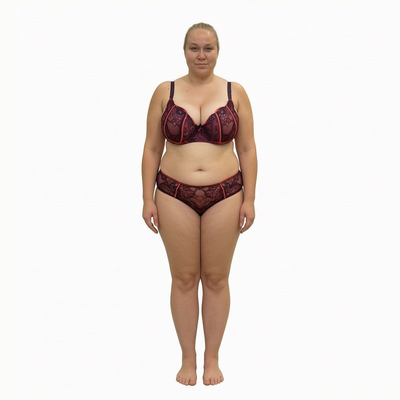 Curvy woman in burgundy lace lingerie stands facing the camera against a plain white studio backg...