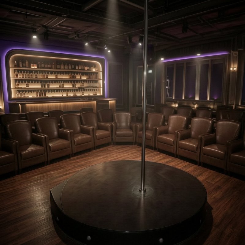 Dimly lit intimate performance venue with central dance pole stage, leather audience seats and backlit liquor bar