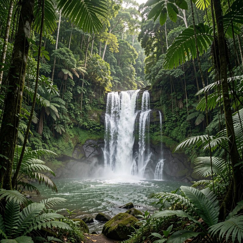 Cascading tropical waterfall flows into a green pool surrounded by dense lush rainforest foliage