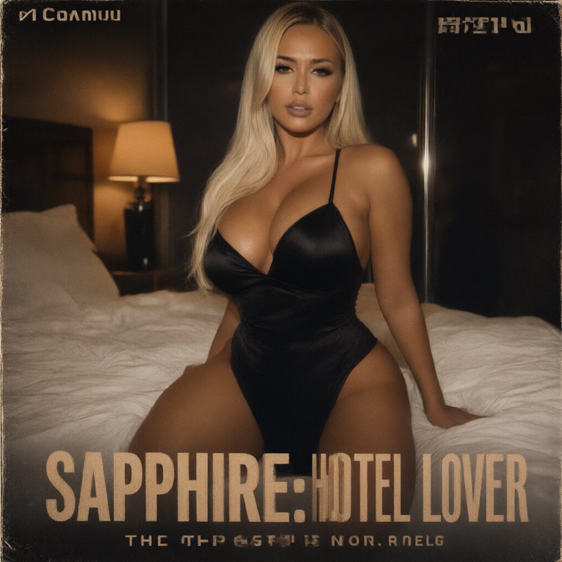 Glamorous blonde woman in black satin loungewear seated on a hotel bed, retro album cover