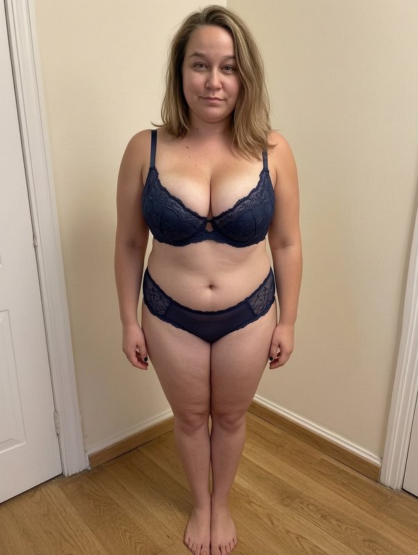 Curvy woman wearing matching navy lace lingerie stands facing the camera in a home interior