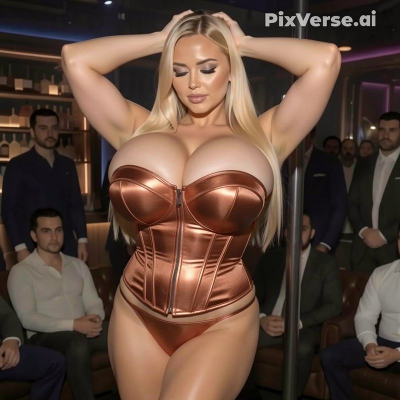 Curvy platinum blonde performer in a metallic bronze corset poses beside a nightclub pole as men ...