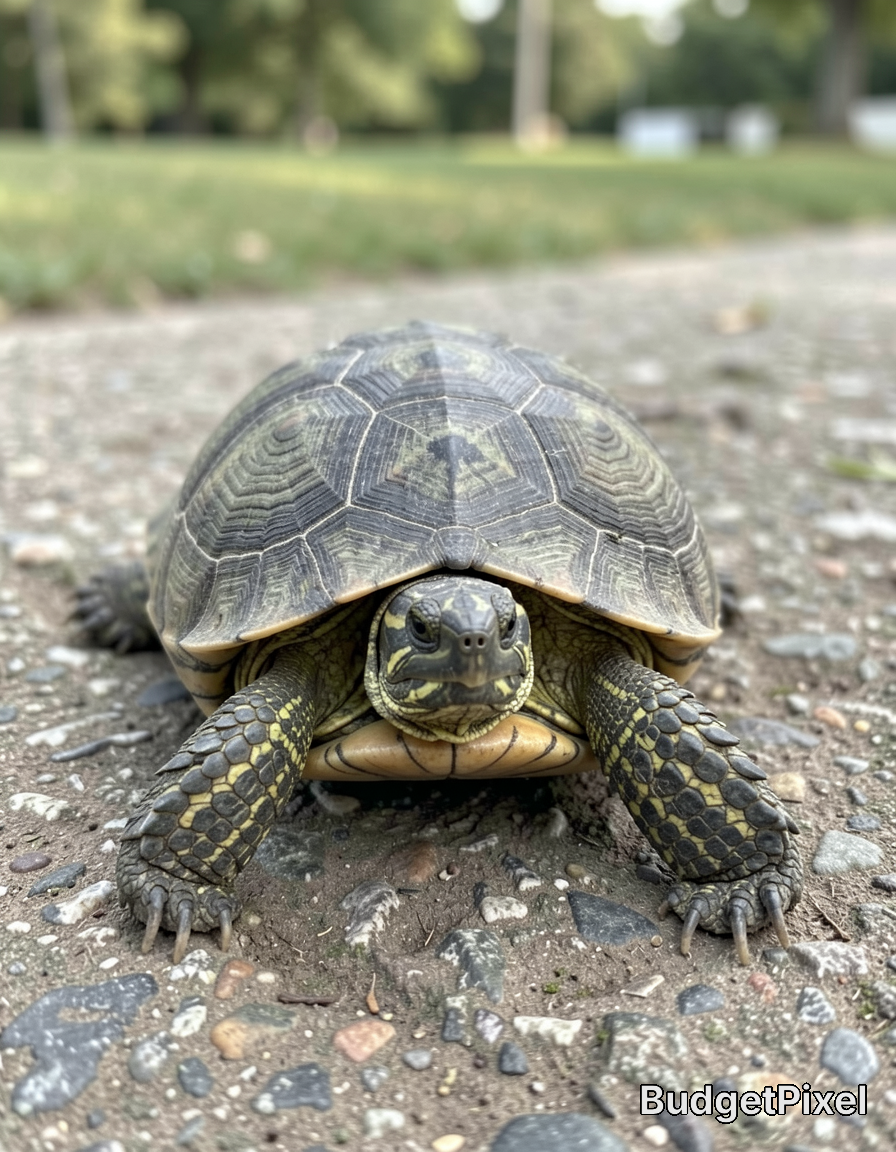 Close-up of a small tortoise on a gravel path facing the camera.