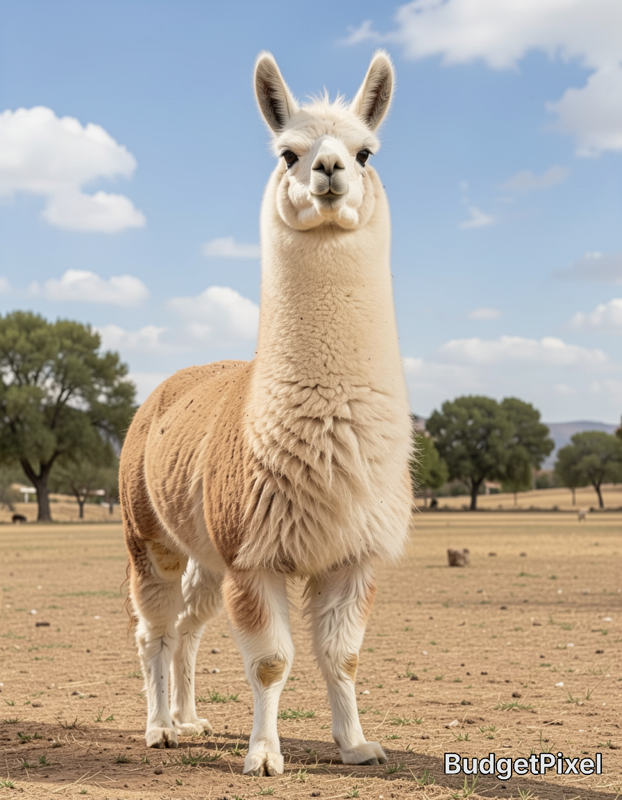 Close-up of a curious cream-colored alpaca standing in a dry field under a blue sky.