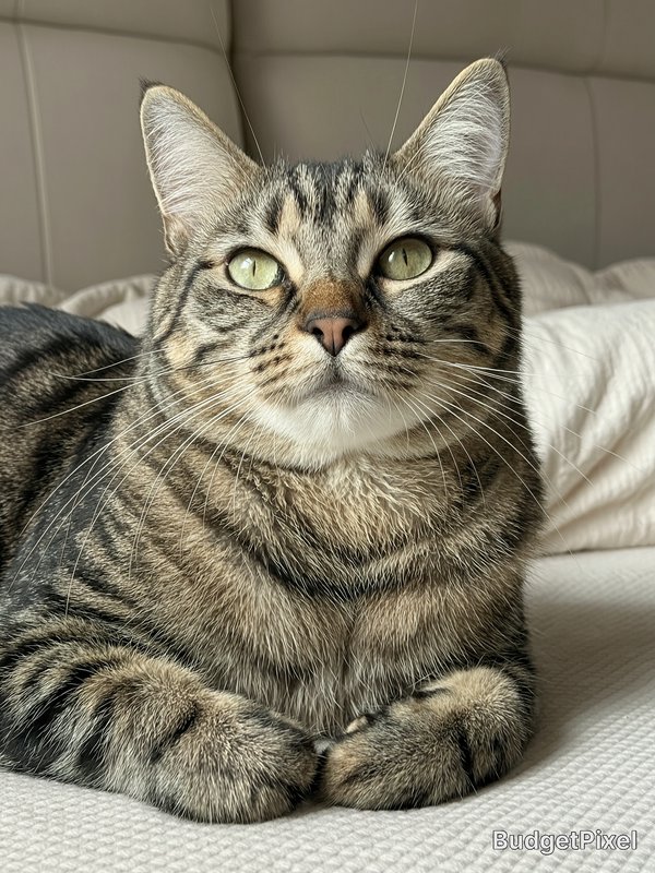 Close-up of a striped tabby cat lounging on a white bed