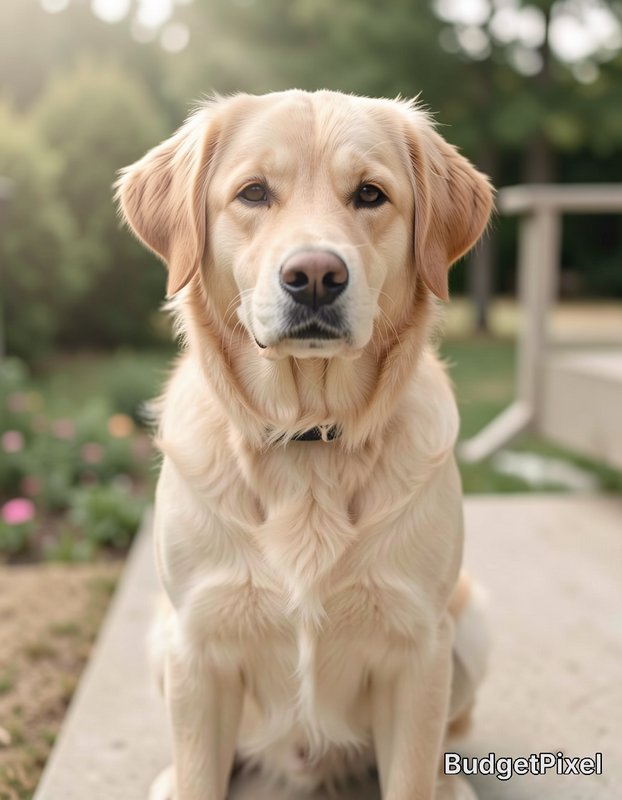 Golden retriever sitting on a sunlit garden path, looking at the camera