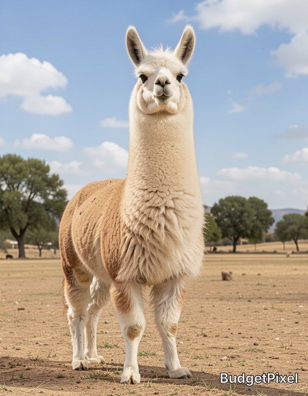 Close-up of a curious cream-colored alpaca standing in a dry field under a blue sky.