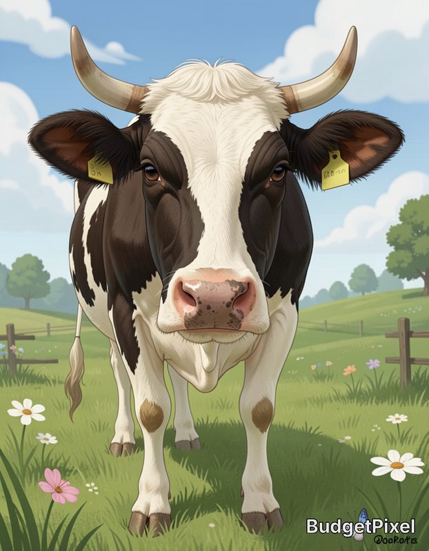 Cartoon dairy cow in a sunny pasture with flowers and fences, close-up front view.
