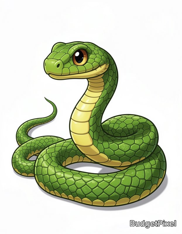 Cartoon green snake with yellow underbelly coiled and facing forward.