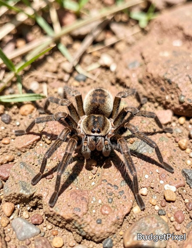 Close-up of a brown, hairy tarantula spider on rocky ground outdoors.