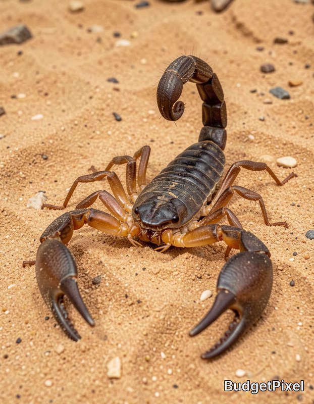 Dark brown scorpion on sandy desert ground with curved tail ready to strike.