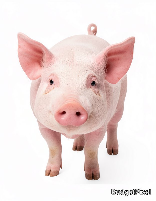 Pink piglet facing the camera with large ears on a white studio background.