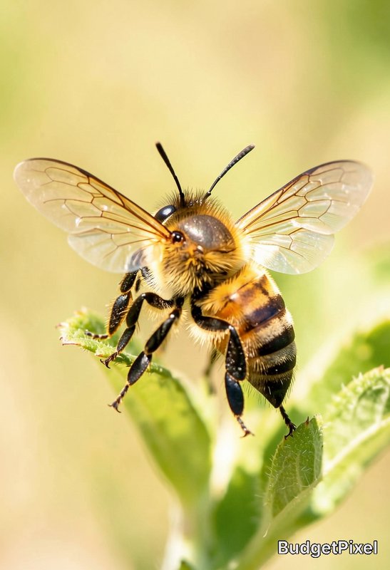 Close-up of a bumblebee perched on a green leaf with translucent wings in macro photography.