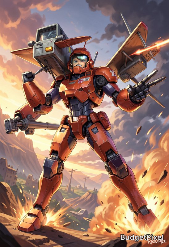 Red armored mech with weapons and rocket boosters in a fiery battlefield.