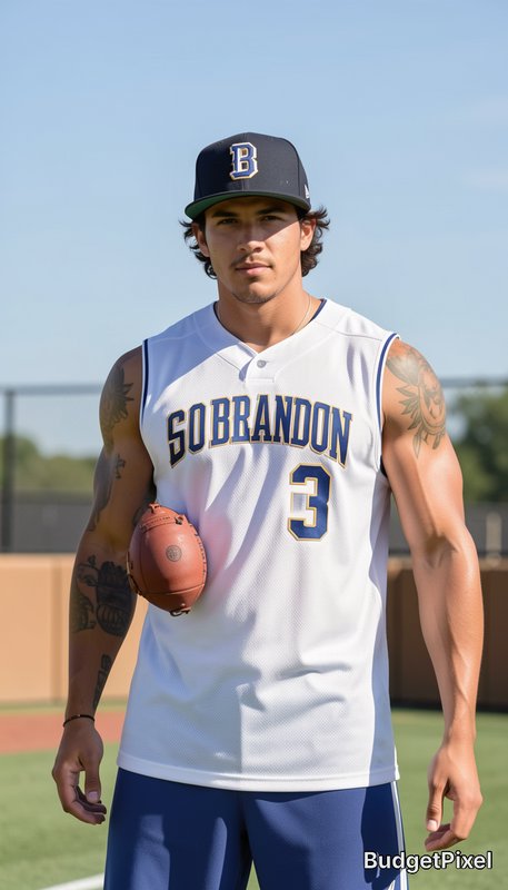 Baseball player in white SOBBRANDON jersey holding a football on a sunny field.