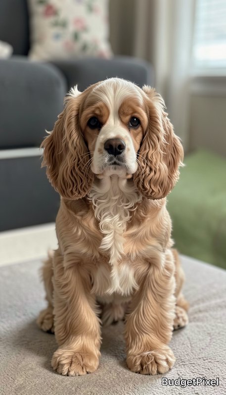 Adorable young Cocker Spaniel puppy sitting indoors on a beige rug.
