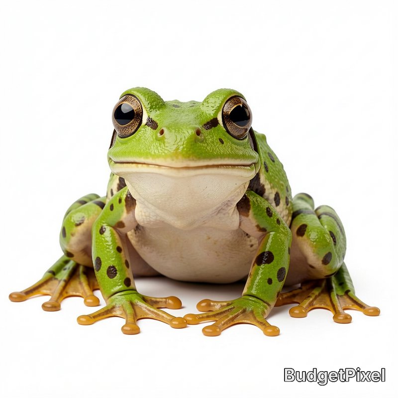 Bright green frog with dark spots facing the camera on a white background