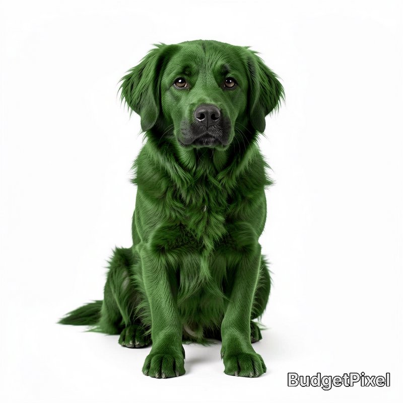 Green-furred dog sitting on a white background in a studio portrait.