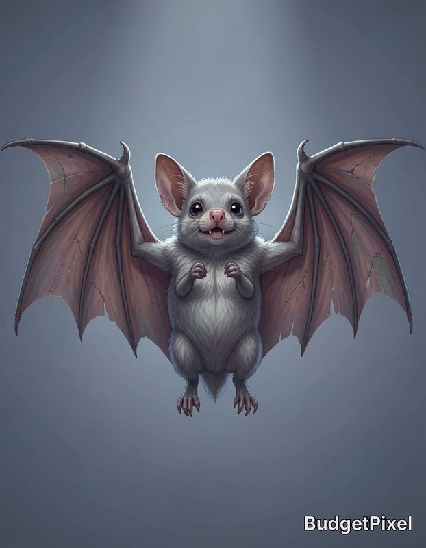 Cute white bat with big pink wings, fluffy fur, and a friendly expression in a digital illustration.
