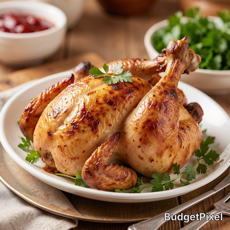 Roasted golden turkey on a white plate garnished with parsley.