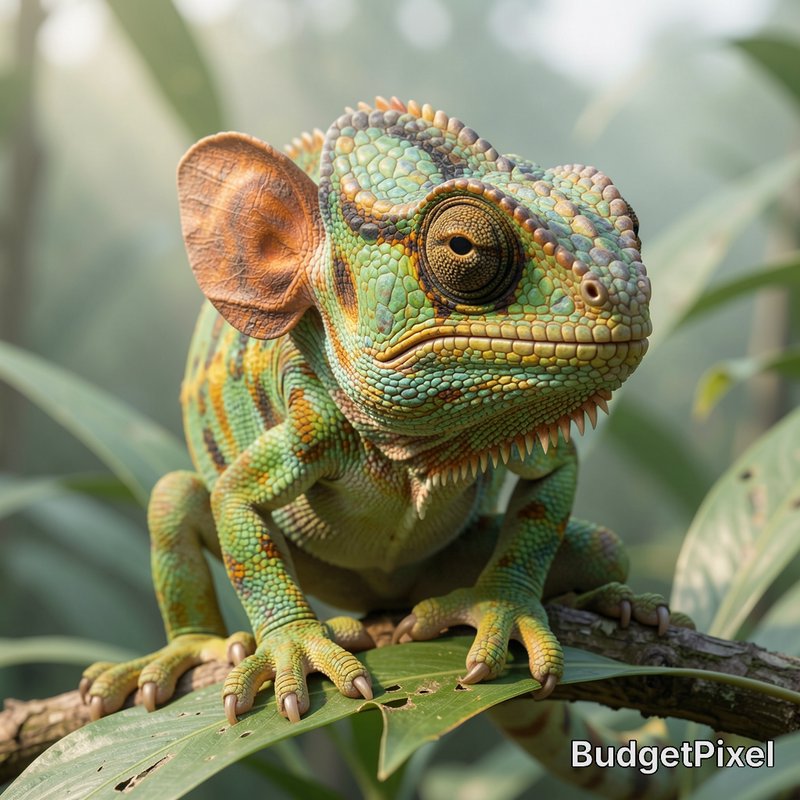 Colorful chameleon perched on a leaf in a tropical setting.