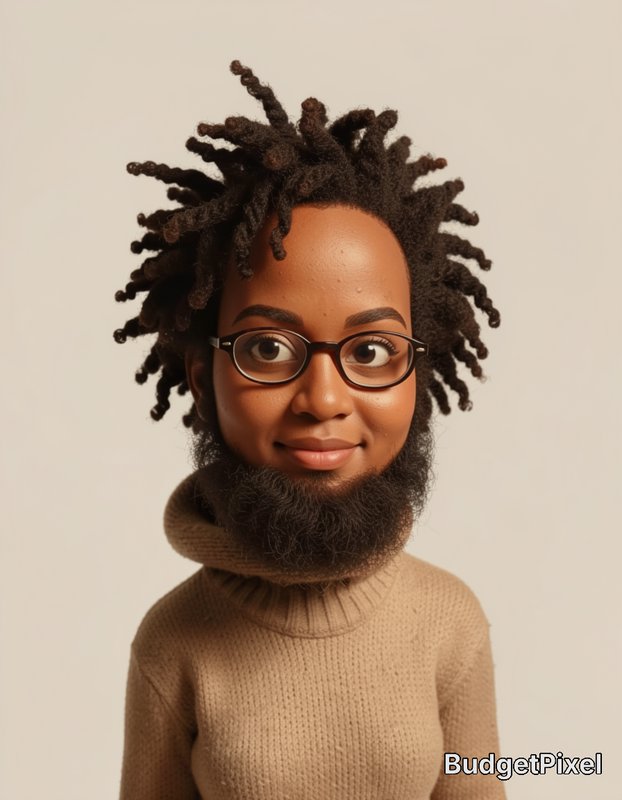 Stylized 3D Black character with short coiled locs, glasses, a full beard, and a beige knit turtl...