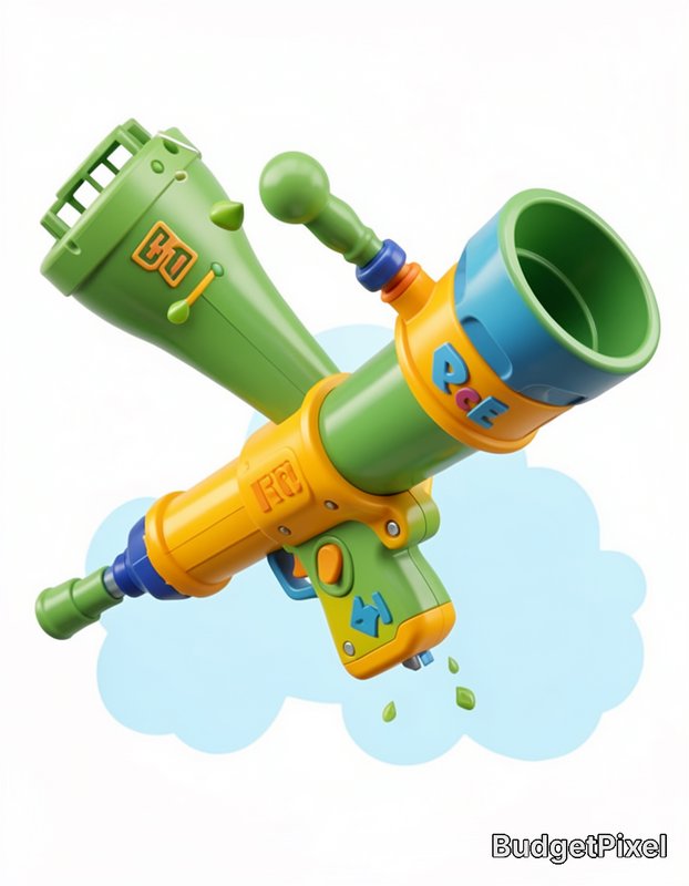 "Vibrant cartoon-style dual-barrel kids' water blaster in green, yellow, and blue, with a soft bl...