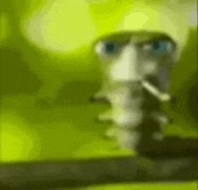 Tiny cartoon robot-like figure with a segmented body in a neon green setting.