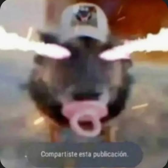 Cartoon cow wearing a cap with pink light beams and a share watermark