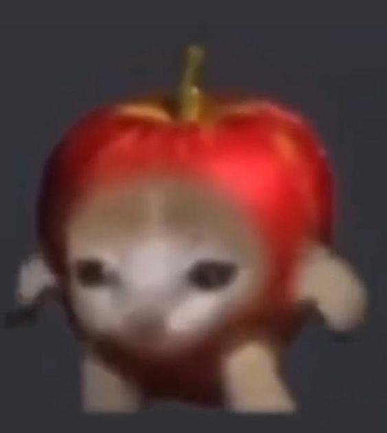 Cute surreal creature with a red apple head and small beige body against a dark background.