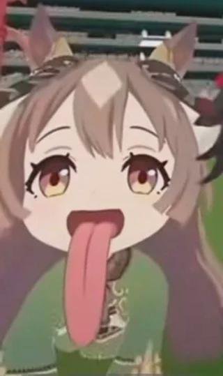 A cute anime-style character with animal ears sticking out, mouth open, tongue out playfully.