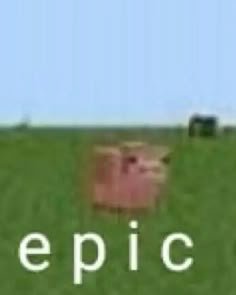 Green field under a blue sky with a pink rectangular object in the center and the word epic in wh...