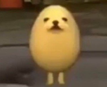A small yellow baby chick character with a simple face and tiny legs walking forward.