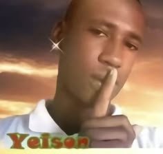 "Viral shush meme of Yeison: a man holding a finger to his lips, set against a warm gradient suns...