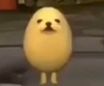 "Viral eggdog meme: a round yellow 3D animated egg-shaped dog with small legs standing on grey pa...