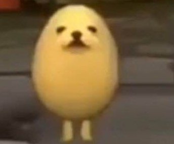 Blurry viral egg dog meme, pale yellow egg-shaped character with a dog face standing on tiled flo...