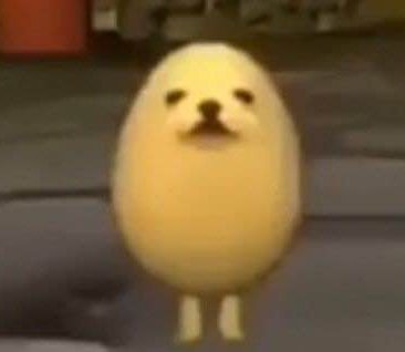 Blurry viral eggdog meme, round yellow egg-shaped character with a Pomeranian dog face, standing ...