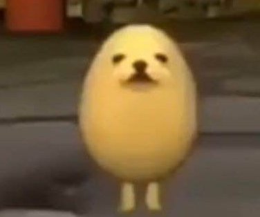 Blurry viral eggdog meme, round pale yellow egg-shaped dog with tiny legs standing with a deadpan...