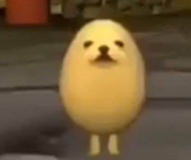 Blurry viral egg dog meme, round yellow egg body with Pomeranian face, tiny legs, deadpan unimpre...